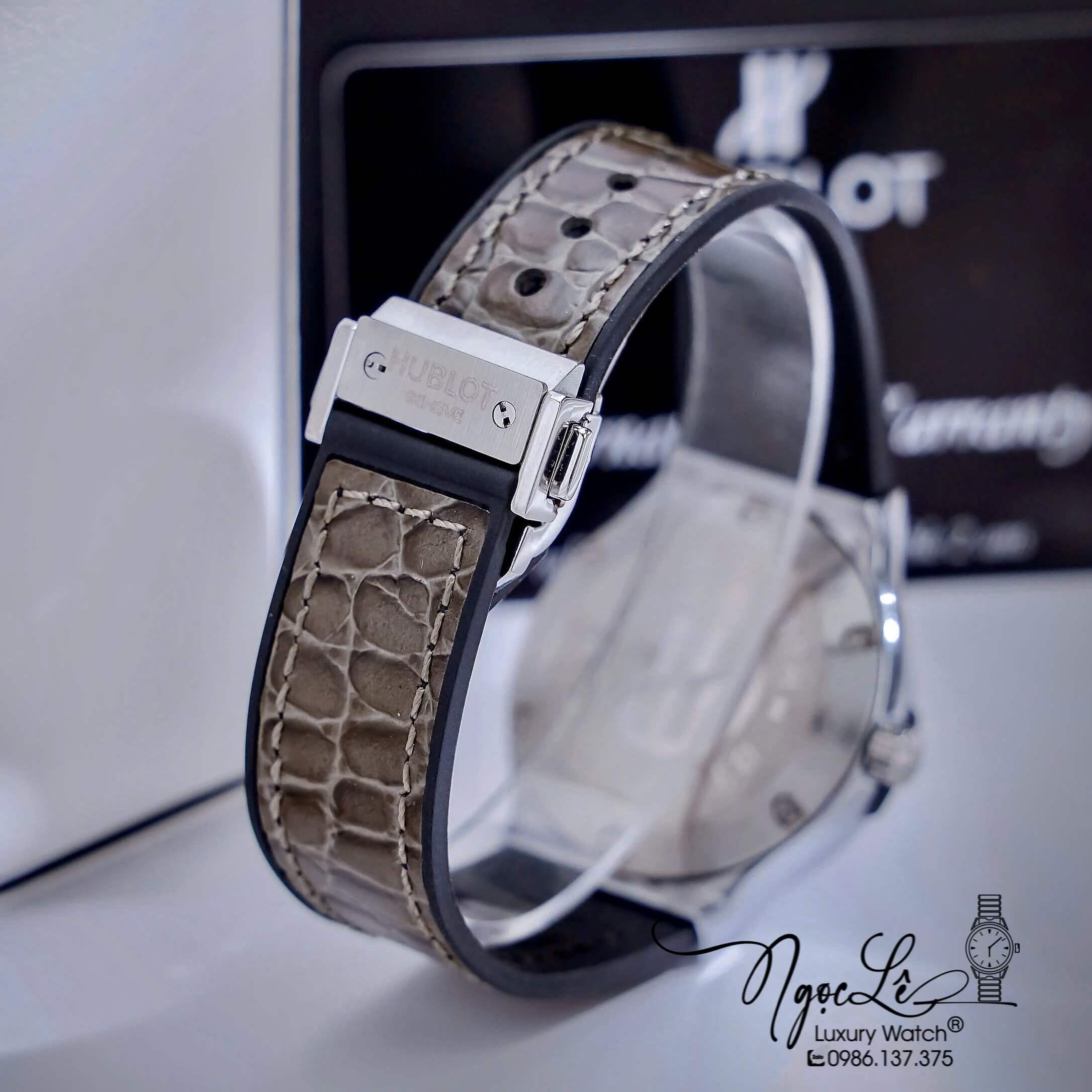 Đồng Hồ Nữ Hublot Classic Fusion Cao Su Bọc Da Xám Đen Đính Đá Vỏ Silver Size 34mm - Máy Quartz