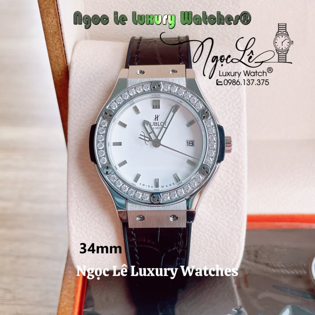 Đồng Hồ Nữ Hublot Classic Fusion 34mm Máy Pin Dây Da Silicon Đen Đính Đá Vỏ Silver