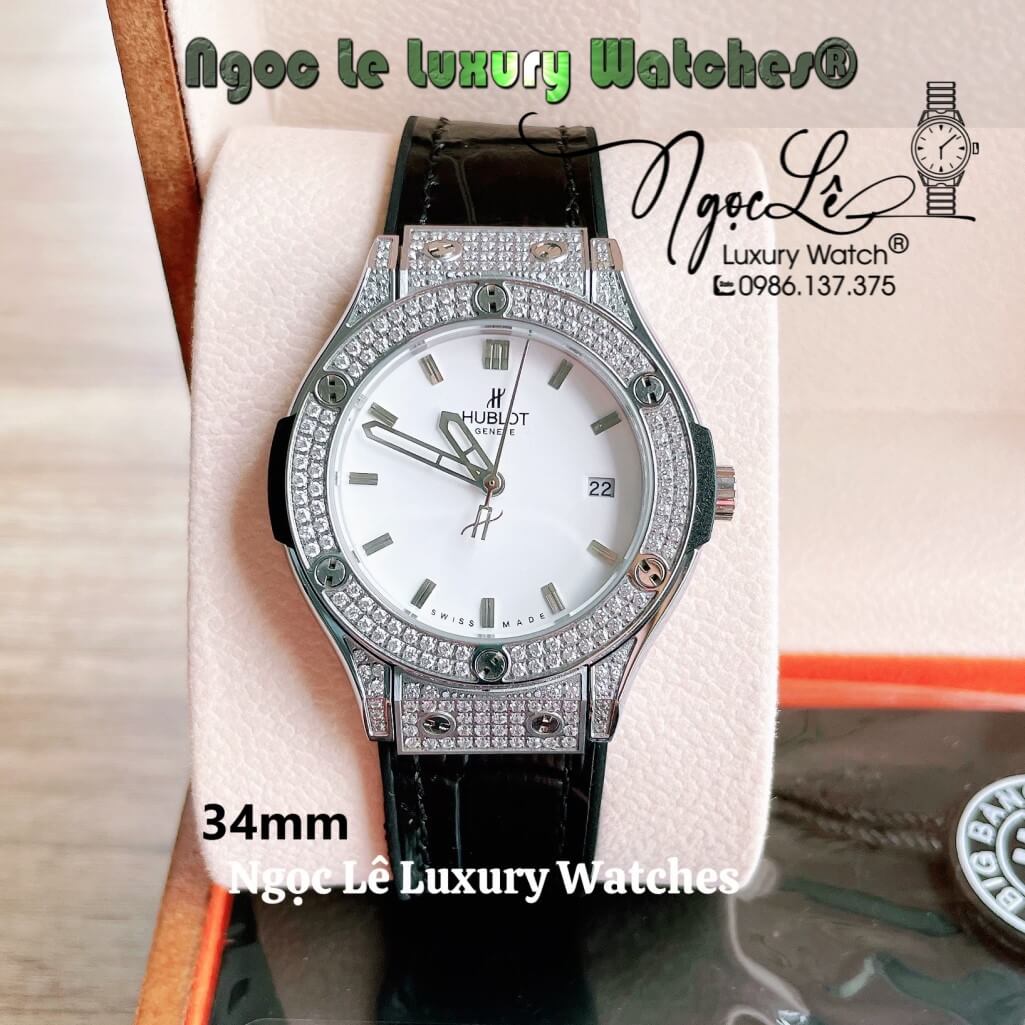 Đồng Hồ Nữ Hublot Classic Fusion 34mm Máy Pin Dây Da Silicon Đen Đính Đá Vỏ Silver