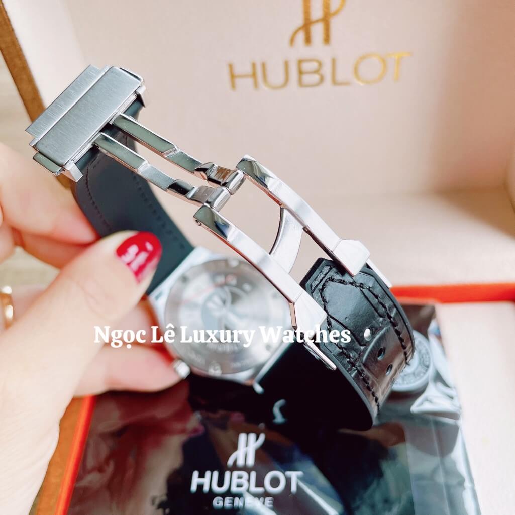 Đồng Hồ Nữ Hublot Classic Fusion 34mm Máy Pin Dây Da Silicon Đen Đính Đá Vỏ Silver