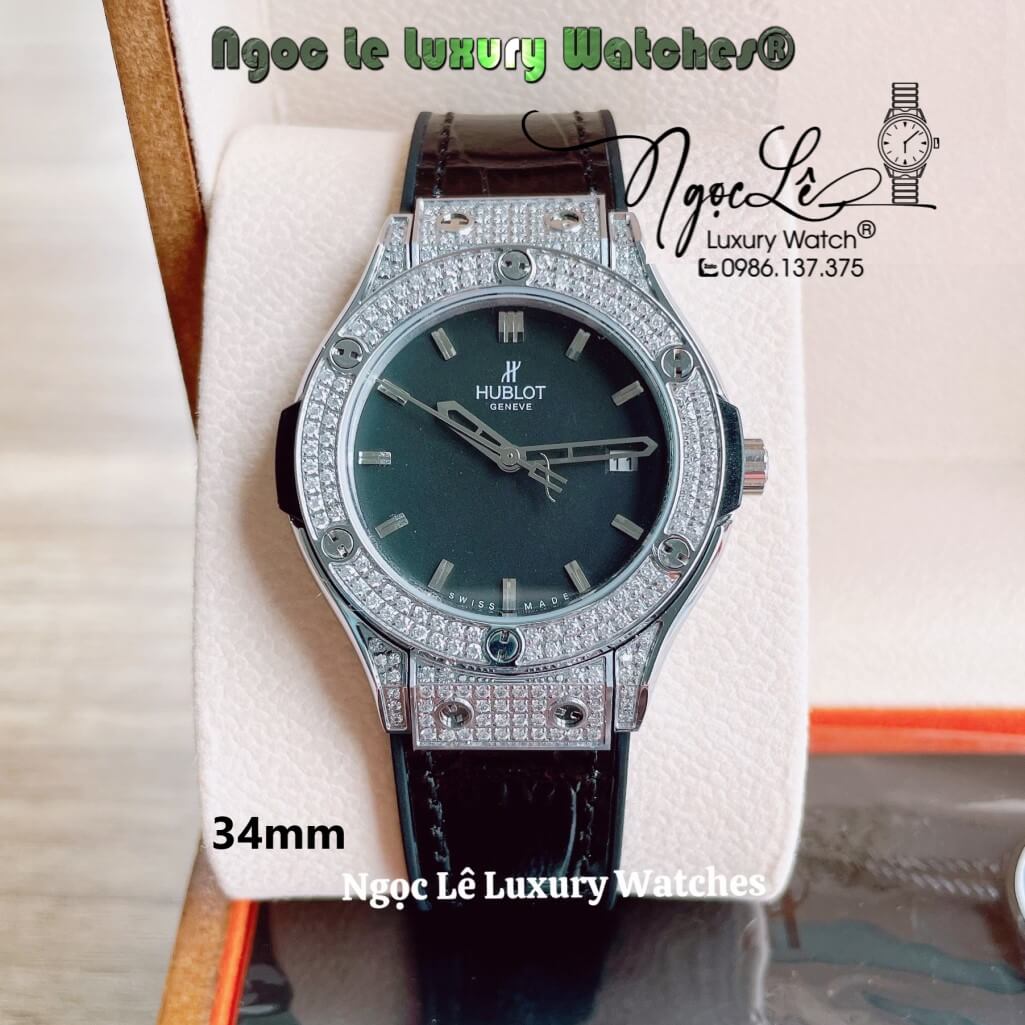 Đồng Hồ Nữ Hublot Classic Fusion 34mm Máy Pin Dây Da Silicon Đen Đính Đá Vỏ Silver