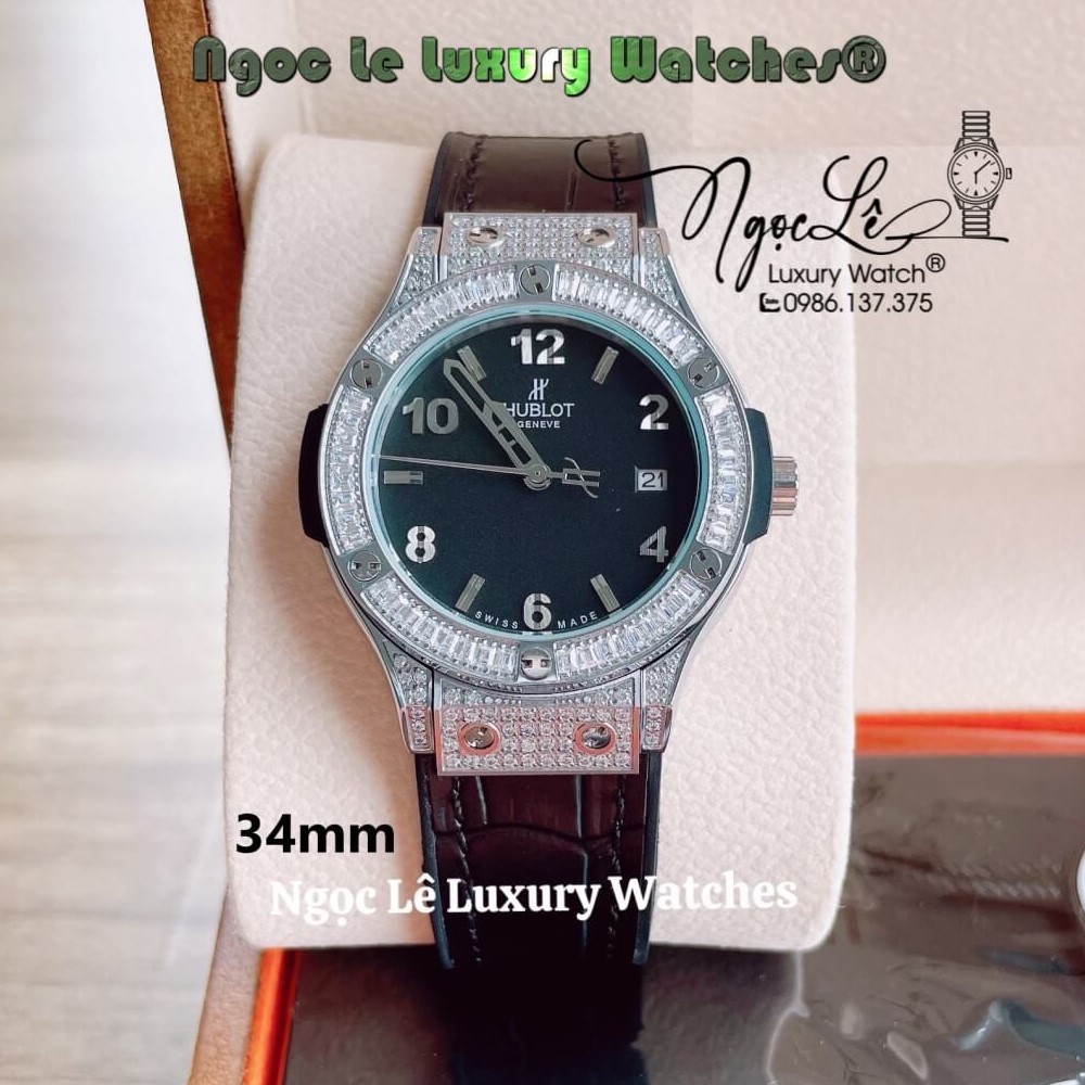 Đồng Hồ Nữ Hublot Classic Fusion 34mm Máy Pin Dây Da Silicon Đen Đính Đá Vỏ Silver