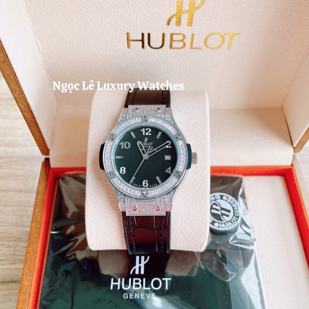 Đồng Hồ Nữ Hublot Classic Fusion 34mm Máy Pin Dây Da Silicon Đen Đính Đá Vỏ Silver