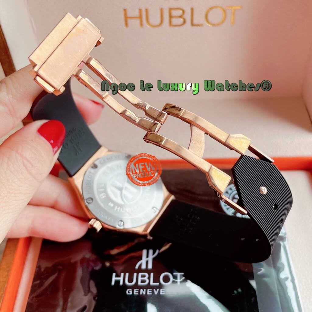 Đồng Hồ Nữ Hublot Classic Fusion 34mm Máy Pin Dây Silicon Đen Đính Đá Vỏ Rose Gold