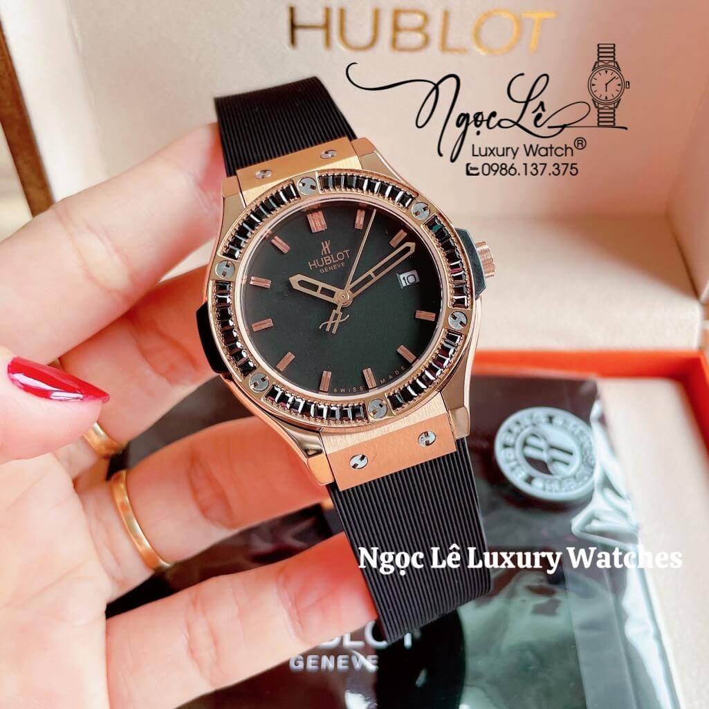 Đồng Hồ Nữ Hublot Classic Fusion 34mm Máy Pin Dây Silicon Đen Đính Đá Vỏ Rose Gold
