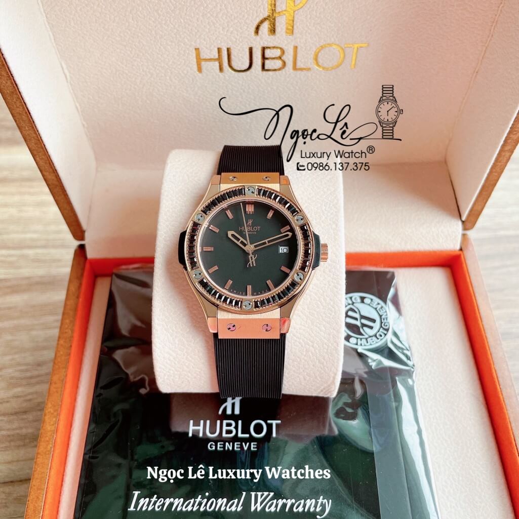 Đồng Hồ Nữ Hublot Classic Fusion 34mm Máy Pin Dây Silicon Đen Đính Đá Vỏ Rose Gold