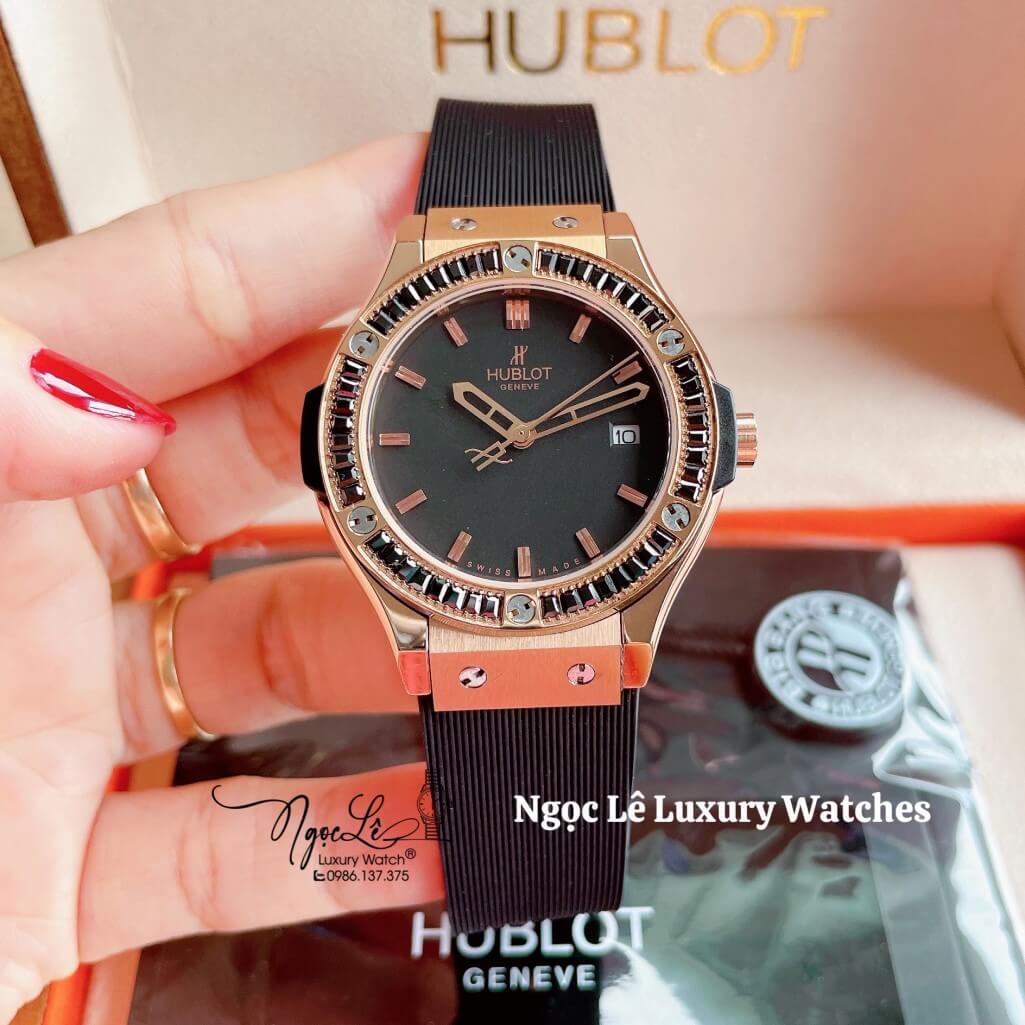 Đồng Hồ Nữ Hublot Classic Fusion 34mm Máy Pin Dây Silicon Đen Đính Đá Vỏ Rose Gold