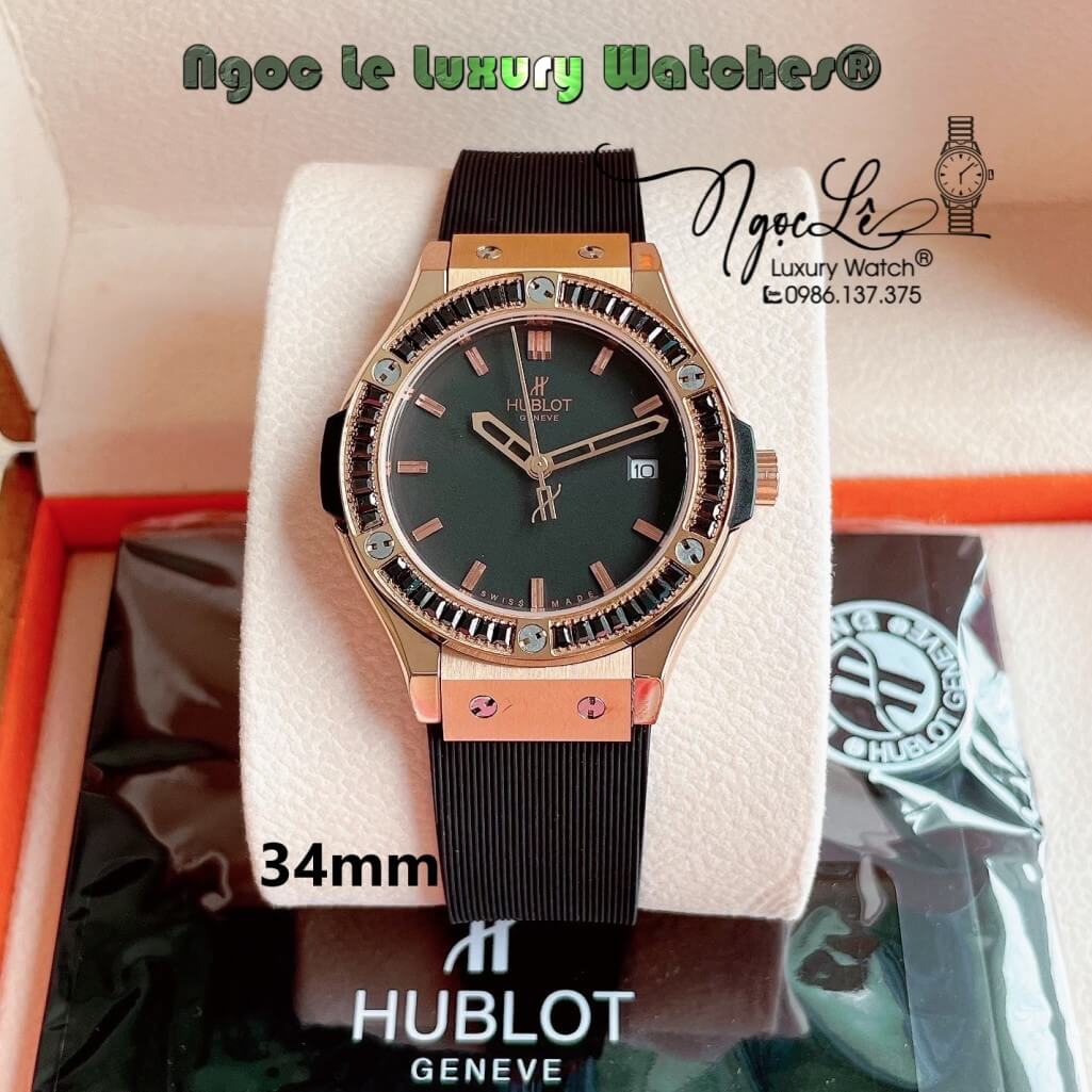 Đồng Hồ Nữ Hublot Classic Fusion 34mm Máy Pin Dây Silicon Đen Đính Đá Vỏ Rose Gold