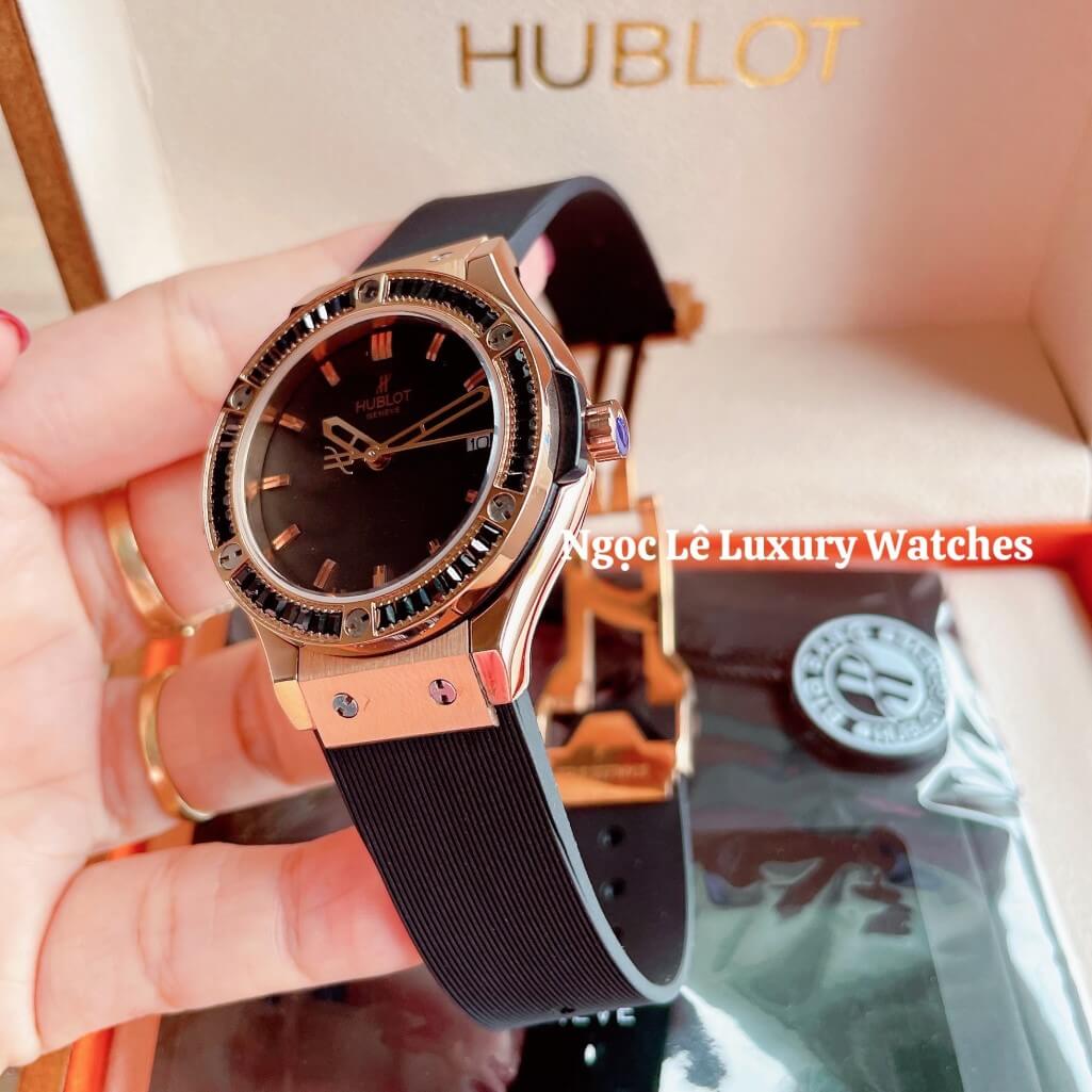 Đồng Hồ Nữ Hublot Classic Fusion 34mm Máy Pin Dây Silicon Đen Đính Đá Vỏ Rose Gold
