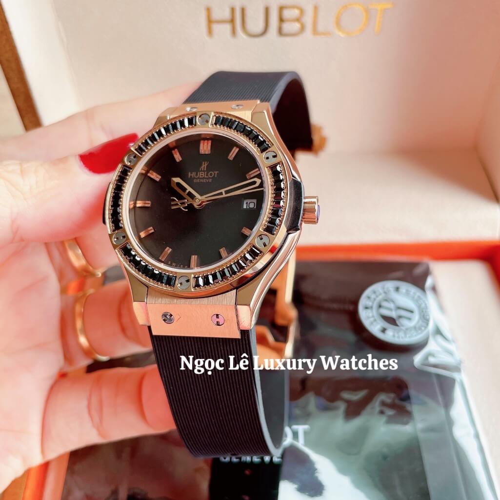 Đồng Hồ Nữ Hublot Classic Fusion 34mm Máy Pin Dây Silicon Đen Đính Đá Vỏ Rose Gold