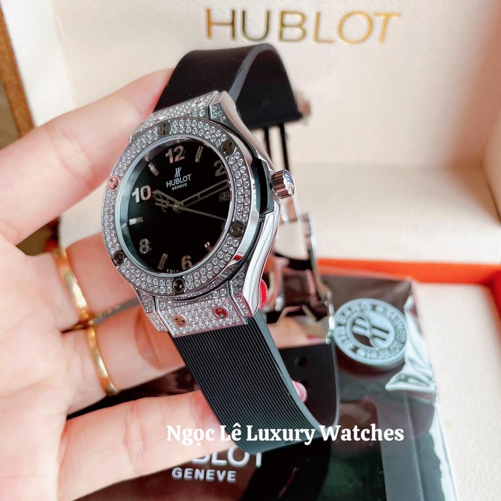 Đồng Hồ Nữ Hublot Classic Fusion 34mm Máy Pin Dây Silicon Đen Đính Đá Vỏ Silver