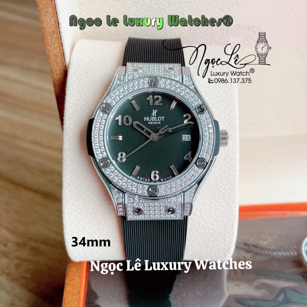 Đồng Hồ Nữ Hublot Classic Fusion 34mm Máy Pin Dây Silicon Đen Đính Đá Vỏ Silver