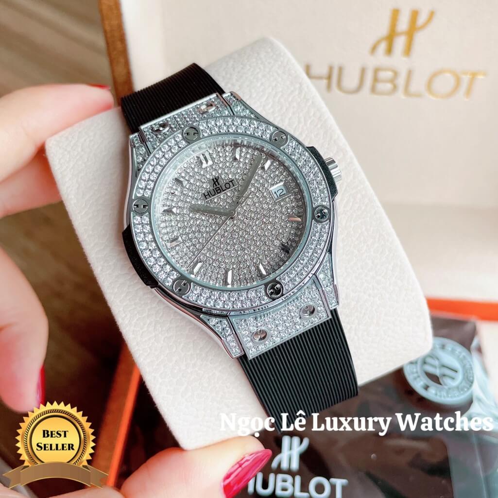 Đồng Hồ Nữ Hublot Classic Fusion 34mm Máy Pin Dây Silicon Đen Đính Full Đá Vỏ Silver