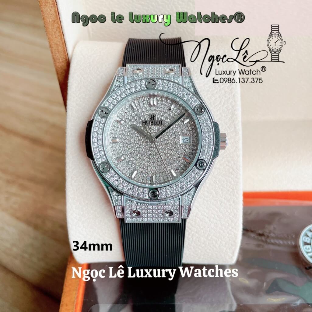 Đồng Hồ Nữ Hublot Classic Fusion 34mm Máy Pin Dây Silicon Đen Đính Full Đá Vỏ Silver