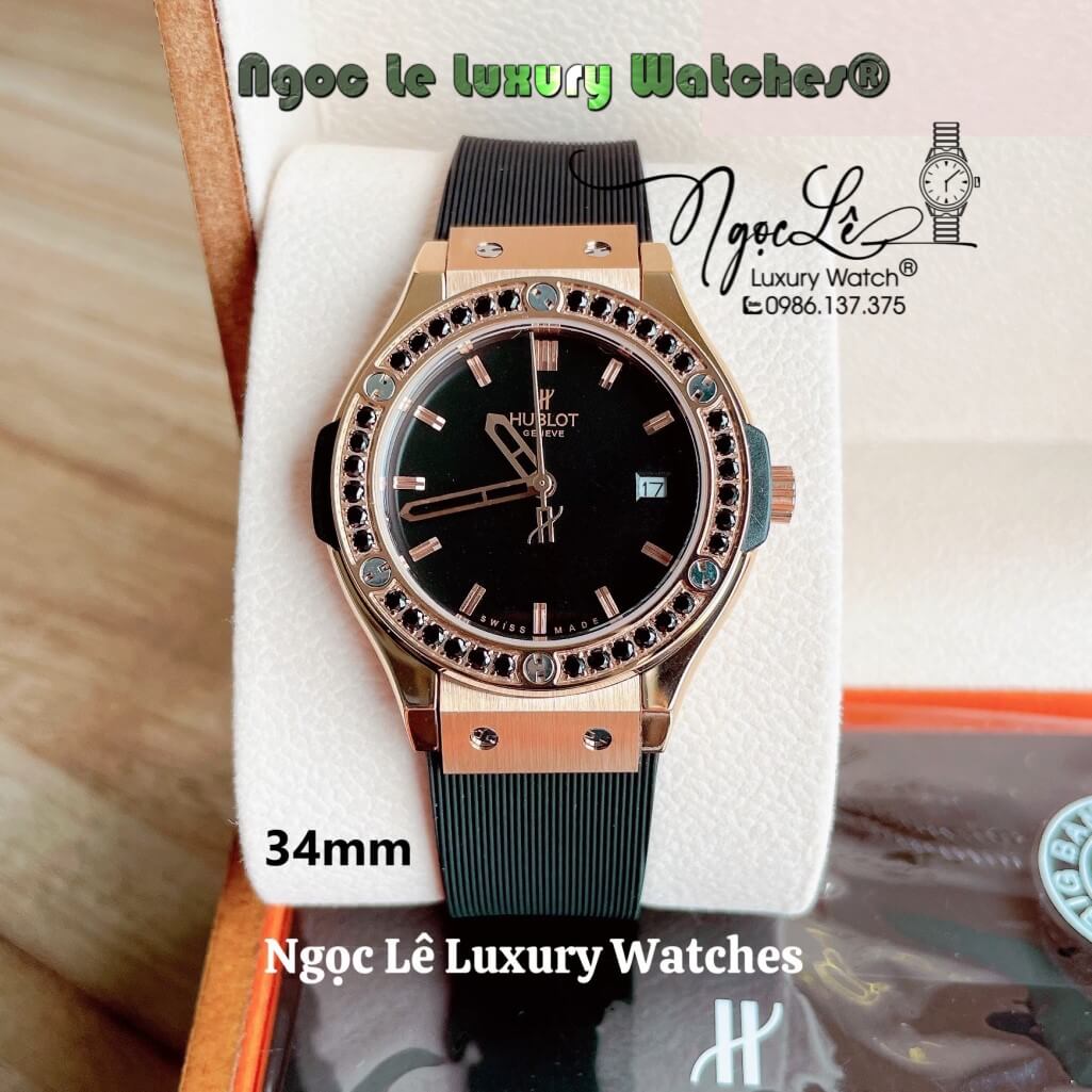 Đồng Hồ Nữ Hublot Classic Fusion 34mm Máy Pin Dây Silicon Đen Đính Đá Vỏ Rose Gold