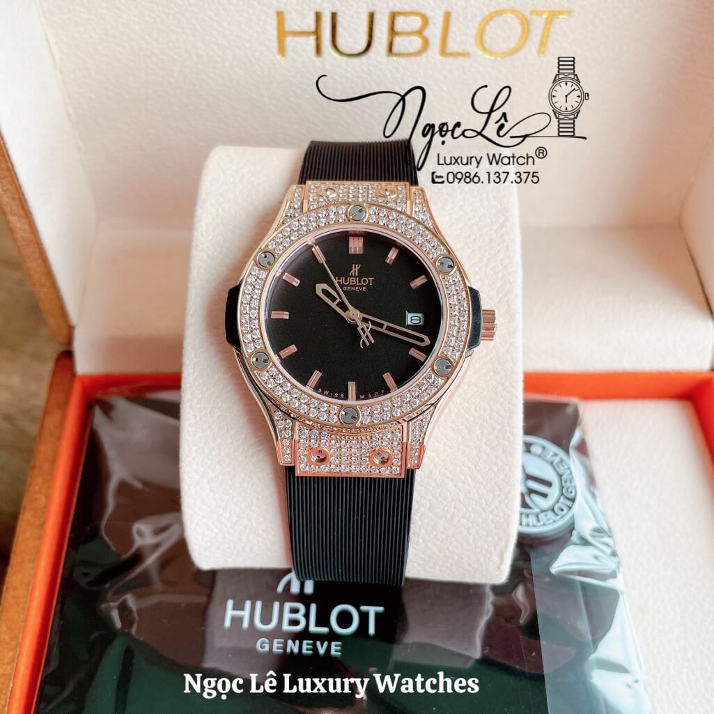 Đồng Hồ Nữ Hublot Classic Fusion 34mm Máy Pin Dây Silicon Đen Đính Đá Vỏ Rose Gold