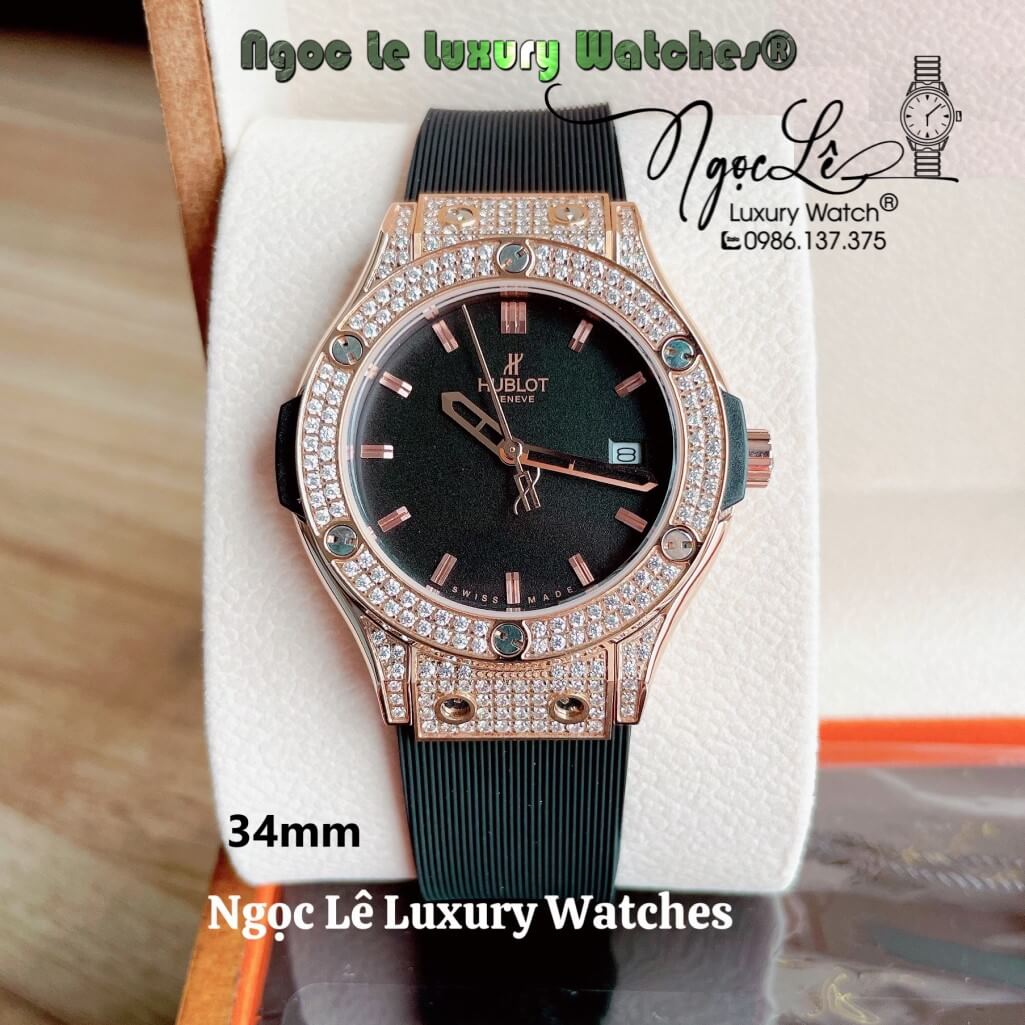 Đồng Hồ Nữ Hublot Classic Fusion 34mm Máy Pin Dây Silicon Đen Đính Đá Vỏ Rose Gold