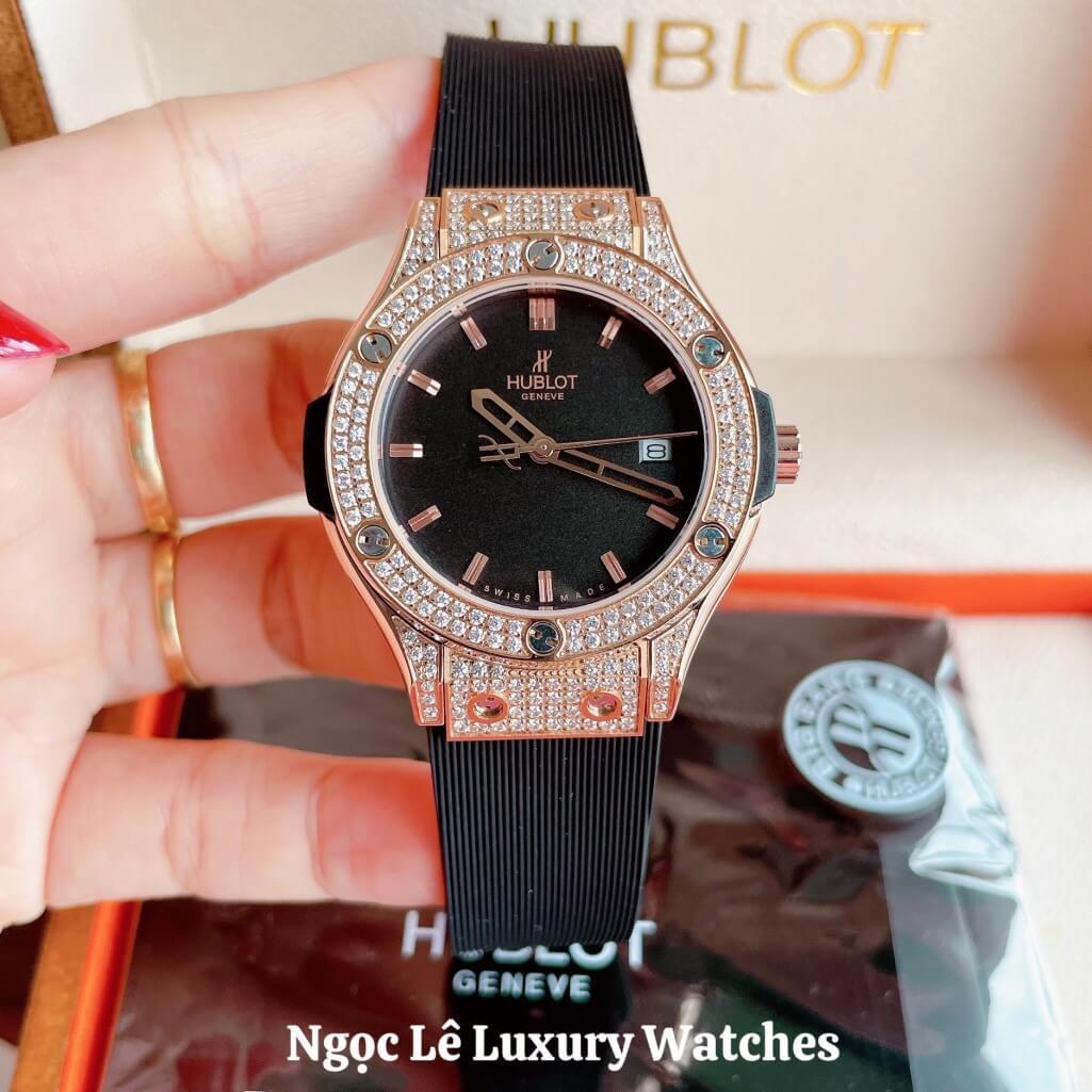 Đồng Hồ Nữ Hublot Classic Fusion 34mm Máy Pin Dây Silicon Đen Đính Đá Vỏ Rose Gold