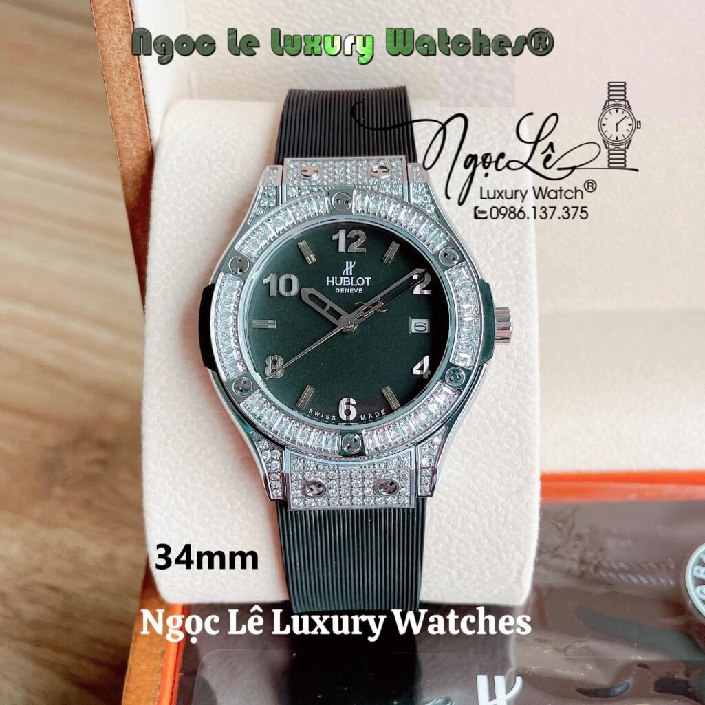 Đồng Hồ Nữ Hublot Classic Fusion 34mm Máy Pin Dây Silicon Đen Đính Đá Vỏ Bạc