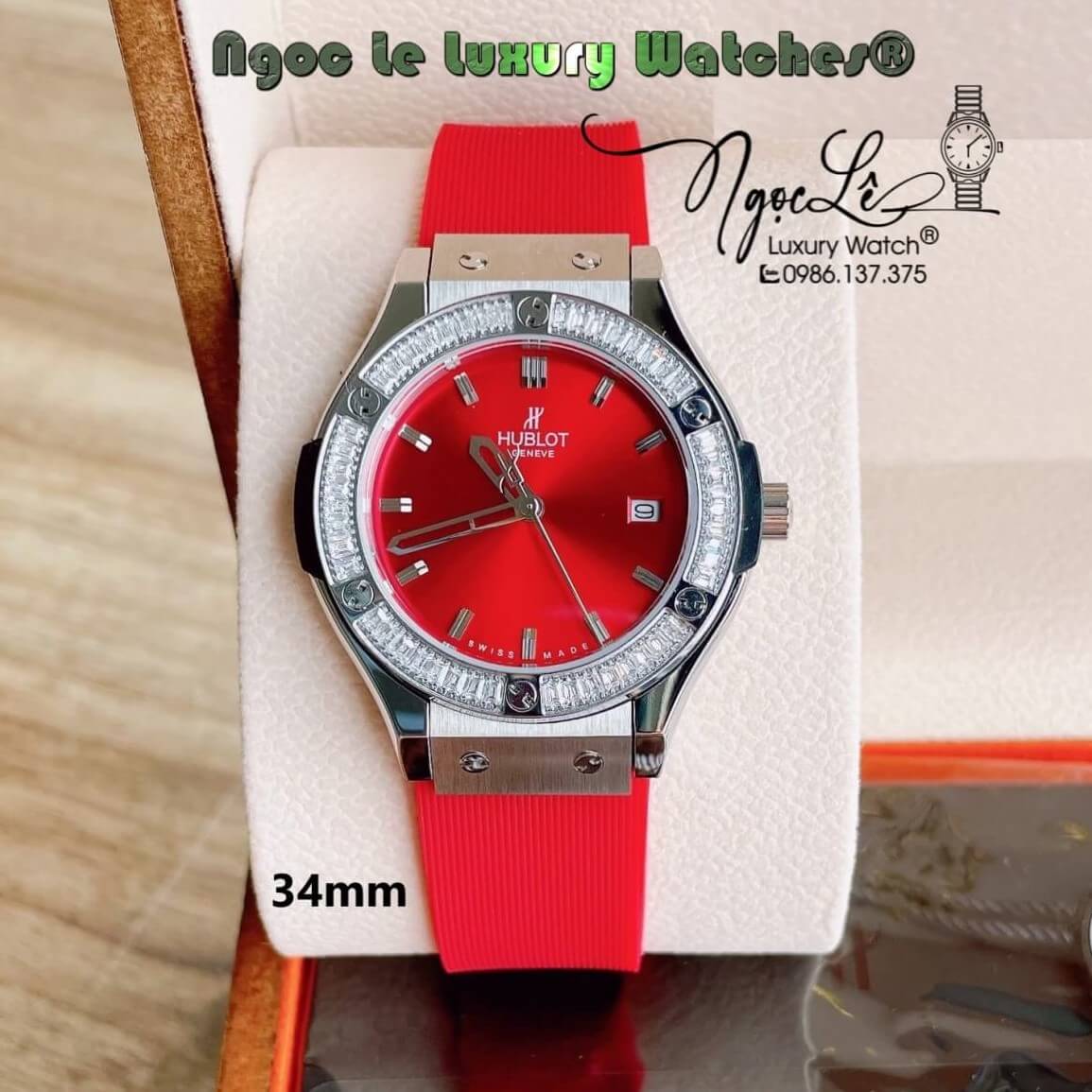 Đồng Hồ Nữ Hublot Classic Fusion 34mm Máy Pin Dây Silicon Đỏ Đính Đá Vỏ Bạc
