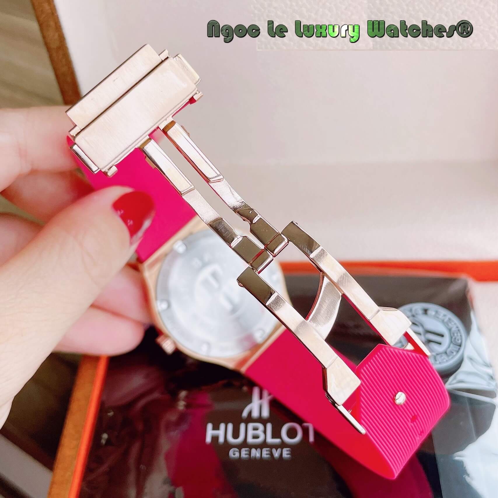 Đồng Hồ Nữ Hublot Classic Fusion 34mm Máy Pin Dây Silicon Hồng Đính Đá Vỏ Rose Gold