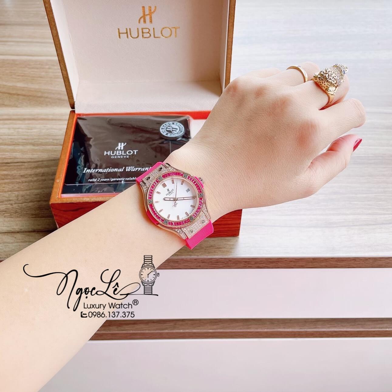Đồng Hồ Nữ Hublot Classic Fusion 34mm Máy Pin Dây Silicon Hồng Đính Đá Vỏ Rose Gold