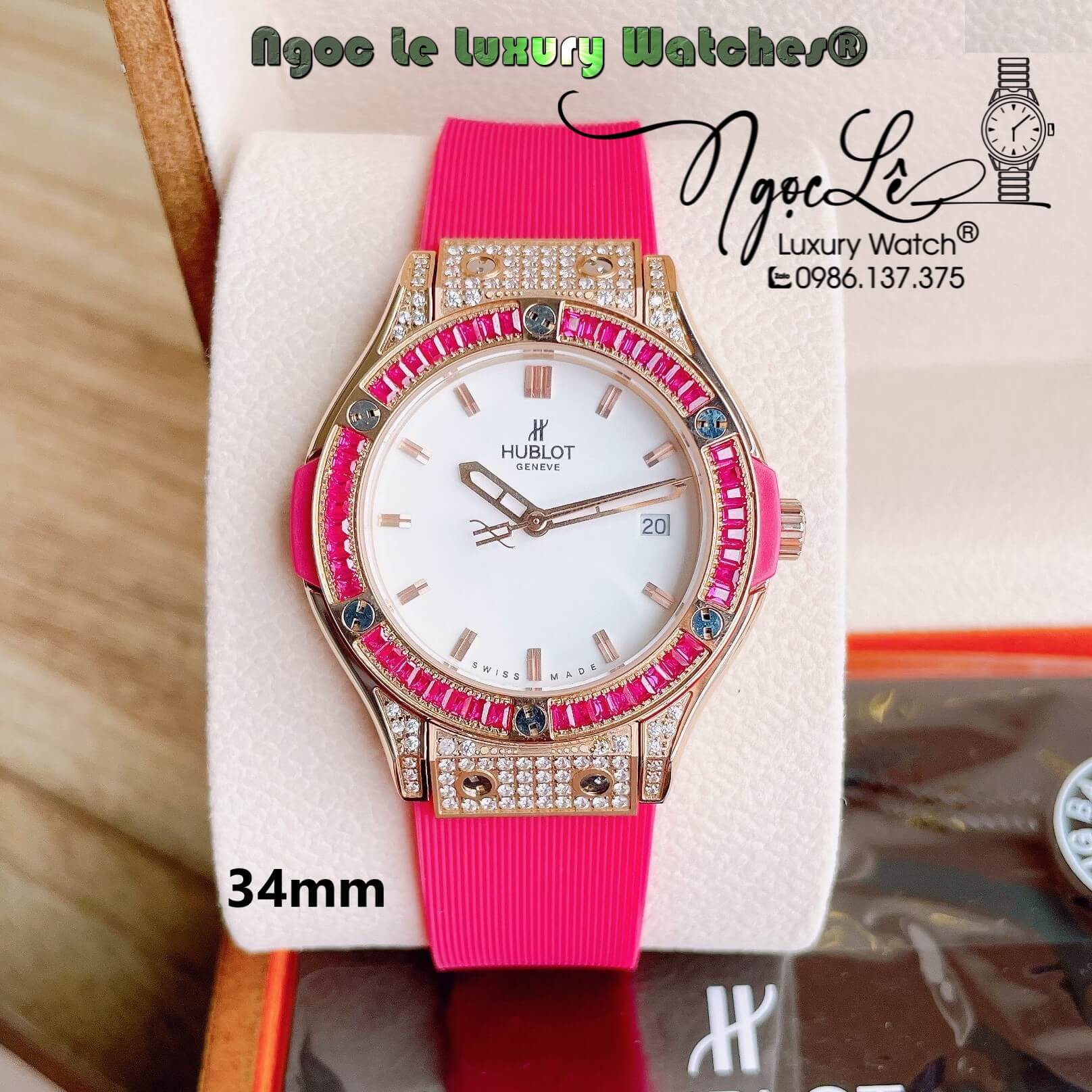 Đồng Hồ Nữ Hublot Classic Fusion 34mm Máy Pin Dây Silicon Hồng Đính Đá Vỏ Rose Gold