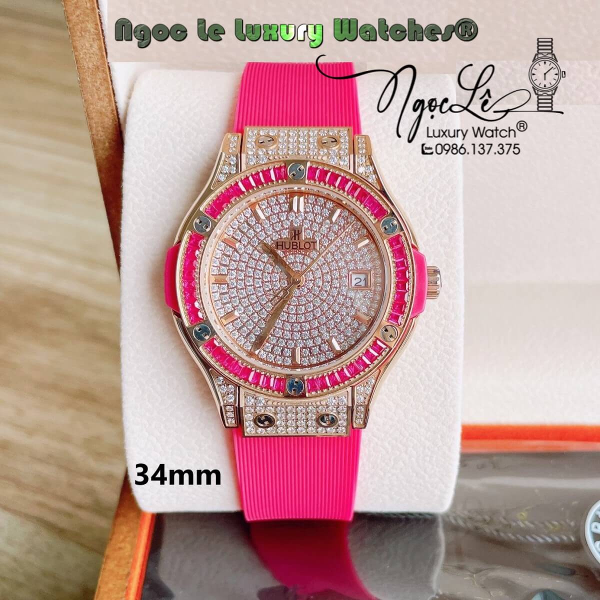 Đồng Hồ Nữ Hublot Classic Fusion 34mm Máy Pin Dây Silicon Hồng Đính Full Đá Vỏ Rose Gold