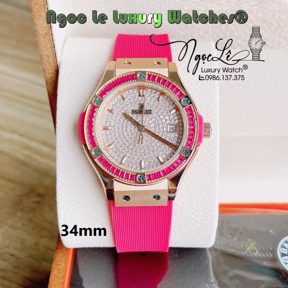 Đồng Hồ Nữ Hublot Classic Fusion 34mm Máy Pin Dây Silicon Hồng Đính Full Đá Vỏ Rose Gold