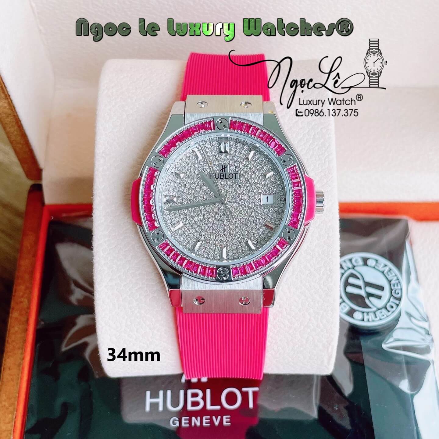 Đồng Hồ Nữ Hublot Classic Fusion 34mm Máy Pin Dây Silicon Hồng Đính Full Đá Vỏ Silver
