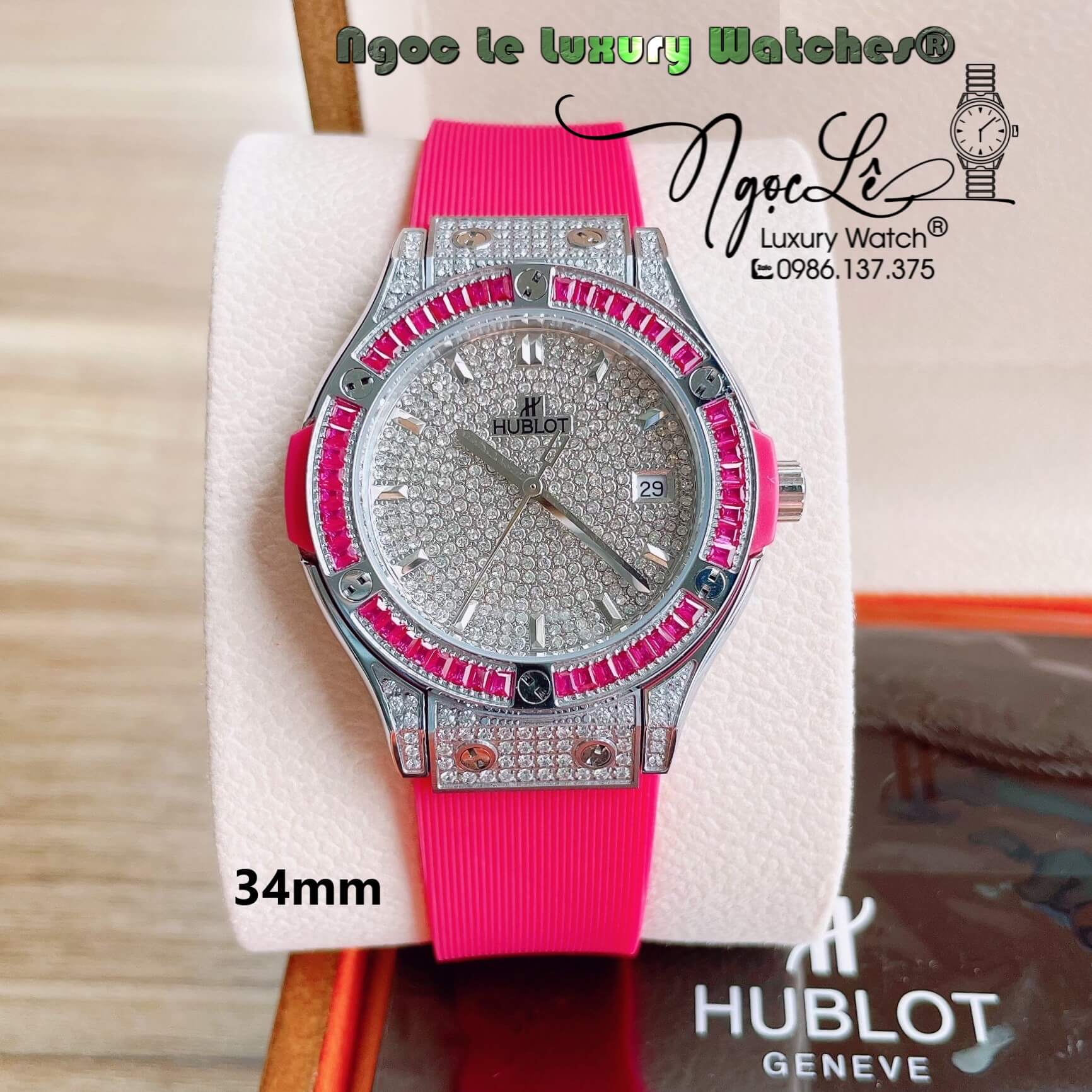 Đồng Hồ Nữ Hublot Classic Fusion 34mm Máy Pin Dây Silicon Hồng Đính Full Đá Vỏ Silver