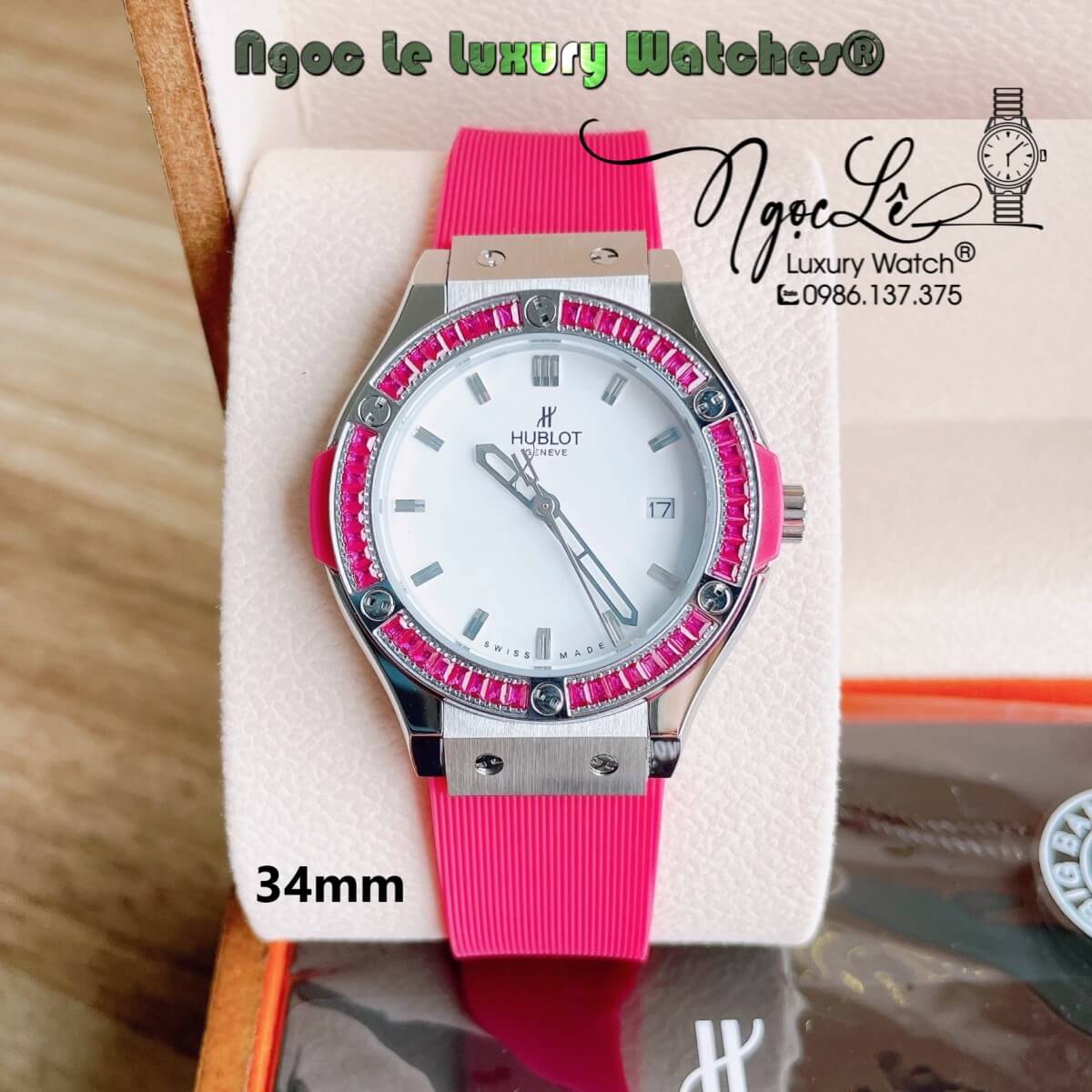 Đồng Hồ Nữ Hublot Classic Fusion 34mm Máy Pin Dây Silicon Hồng Đính Đá Vỏ Bạc