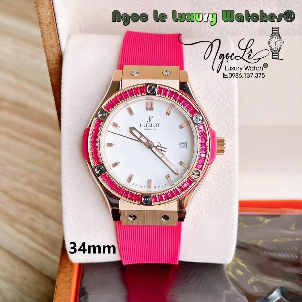 Đồng Hồ Nữ Hublot Classic Fusion 34mm Máy Pin Dây Silicon Hồng Đính Đá Vỏ Rose Gold