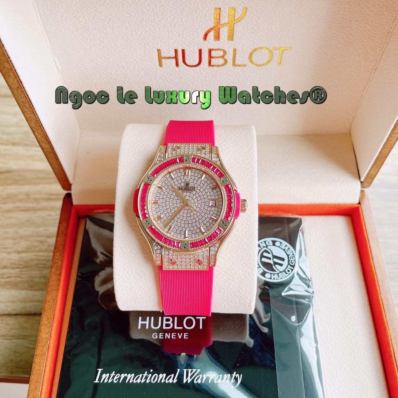 Đồng Hồ Nữ Hublot Classic Fusion 34mm Máy Pin Dây Silicon Hồng Đính Full Đá Vỏ Rose Gold