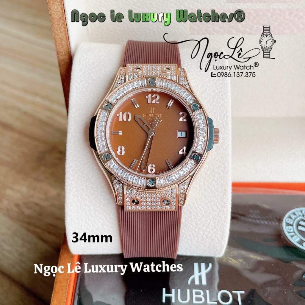 Đồng Hồ Nữ Hublot Classic Fusion 34mm Máy Pin Dây Silicon Nâu Đính Đá Vỏ Rose Gold