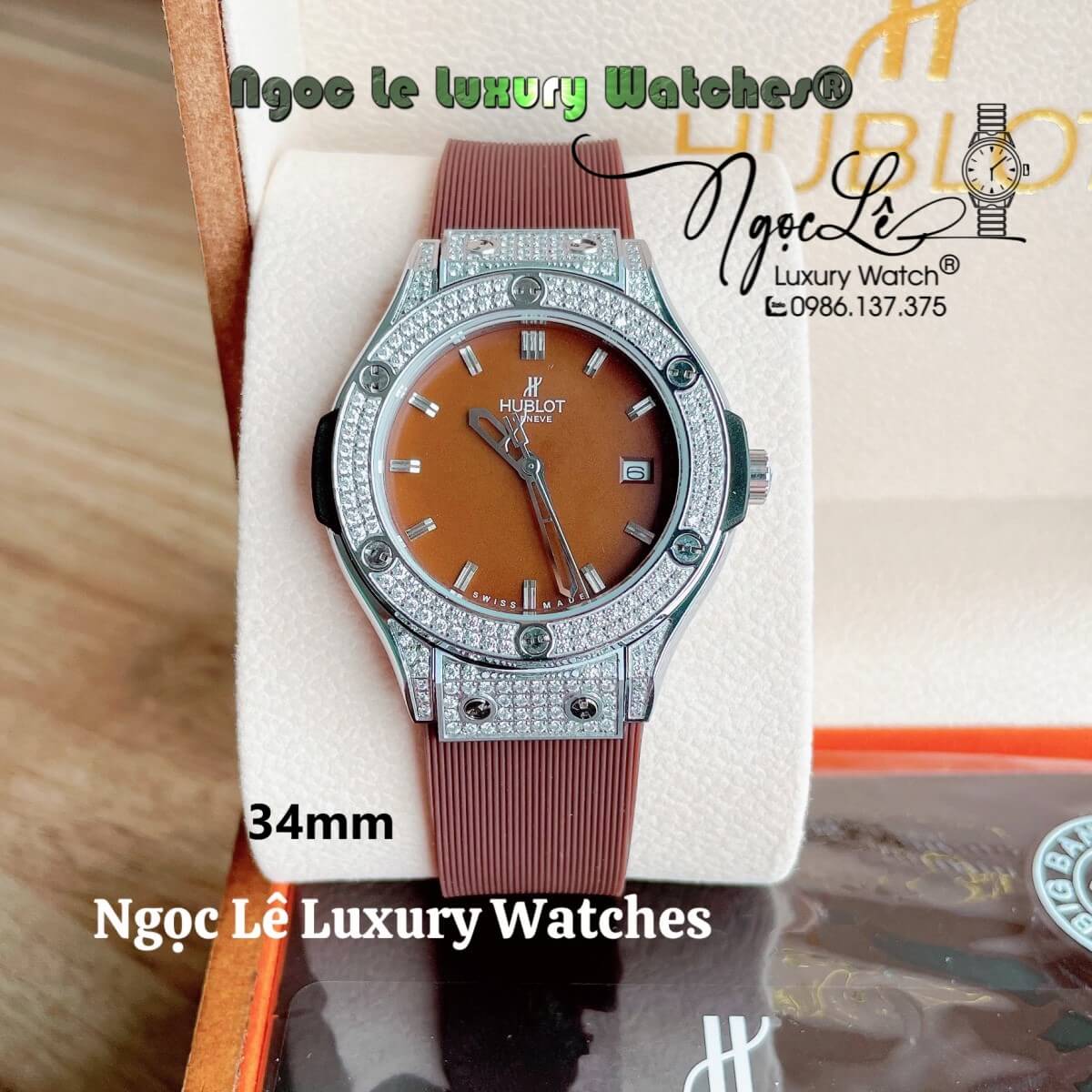 Đồng Hồ Nữ Hublot Classic Fusion 34mm Máy Pin Dây Silicon Nâu Đính Đá Vỏ Silver