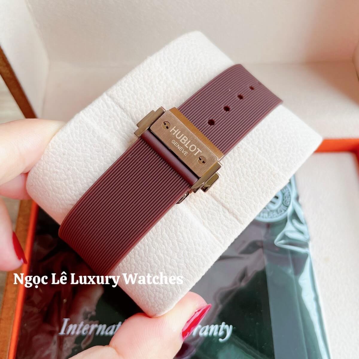 Đồng Hồ Nữ Hublot Classic Fusion 34mm Máy Pin Dây Silicon Nâu Đính Đá Vỏ Rose Gold