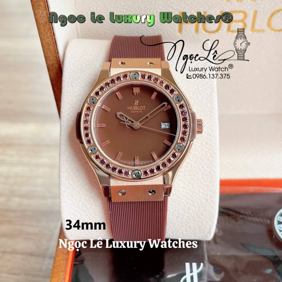 Đồng Hồ Nữ Hublot Classic Fusion 34mm Máy Pin Dây Silicon Nâu Đính Đá Vỏ Rose Gold