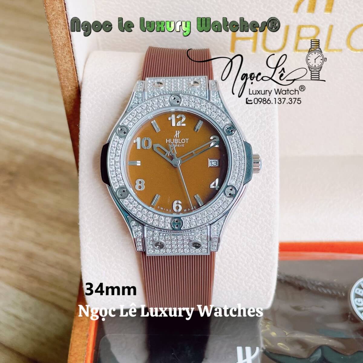 Đồng Hồ Nữ Hublot Classic Fusion 34mm Máy Pin Dây Silicon Nâu Đính Đá Vỏ Silver