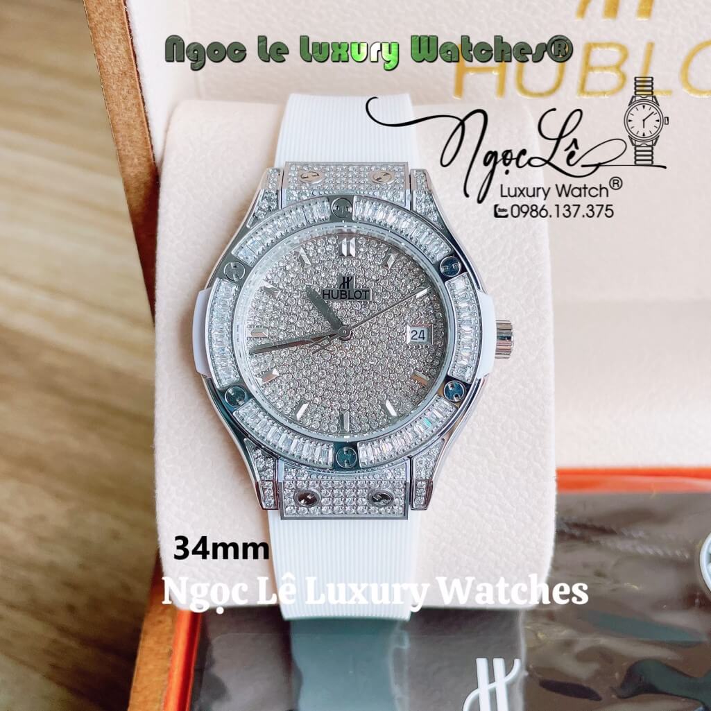 Đồng Hồ Nữ Hublot Classic Fusion 34mm Máy Pin Dây Silicon Trắng Đính Full Đá Vỏ Silver