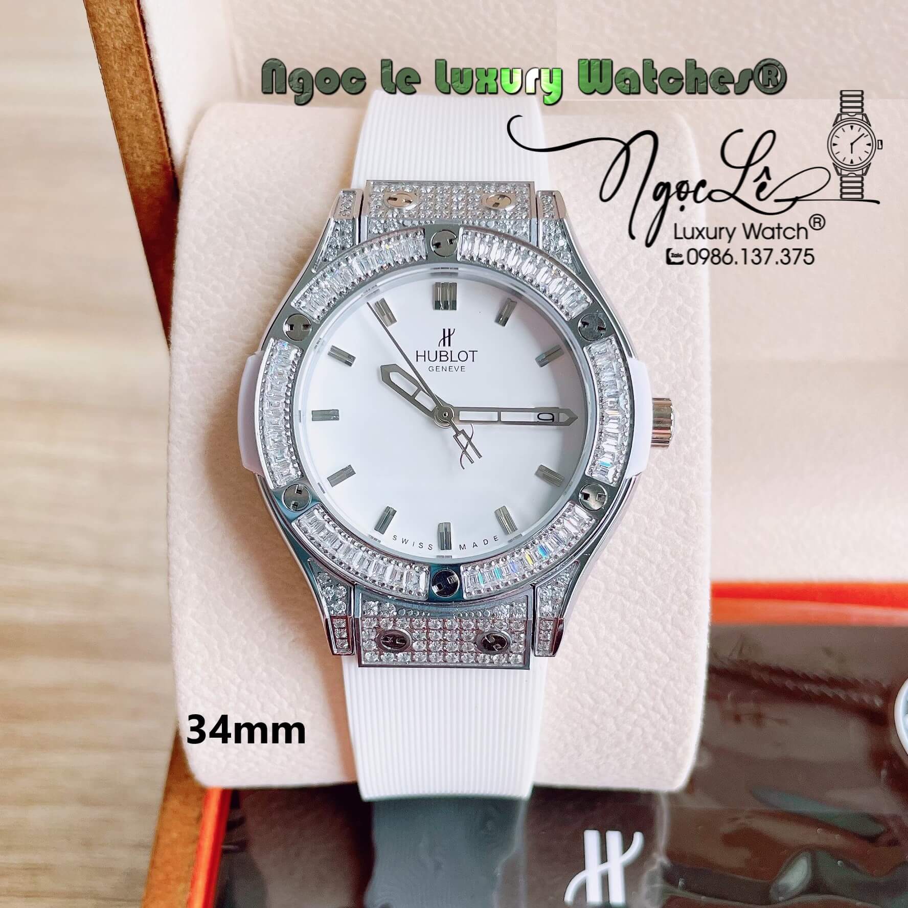 Đồng Hồ Nữ Hublot Classic Fusion 34mm Máy Pin Dây Silicon Trắng Đính Đá Ống Vỏ Silver
