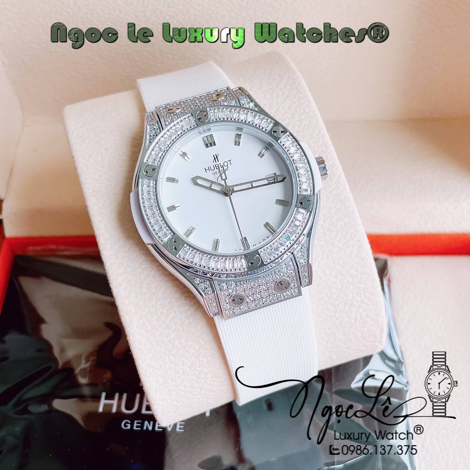 Đồng Hồ Nữ Hublot Classic Fusion 34mm Máy Pin Dây Silicon Trắng Đính Đá Ống Vỏ Silver