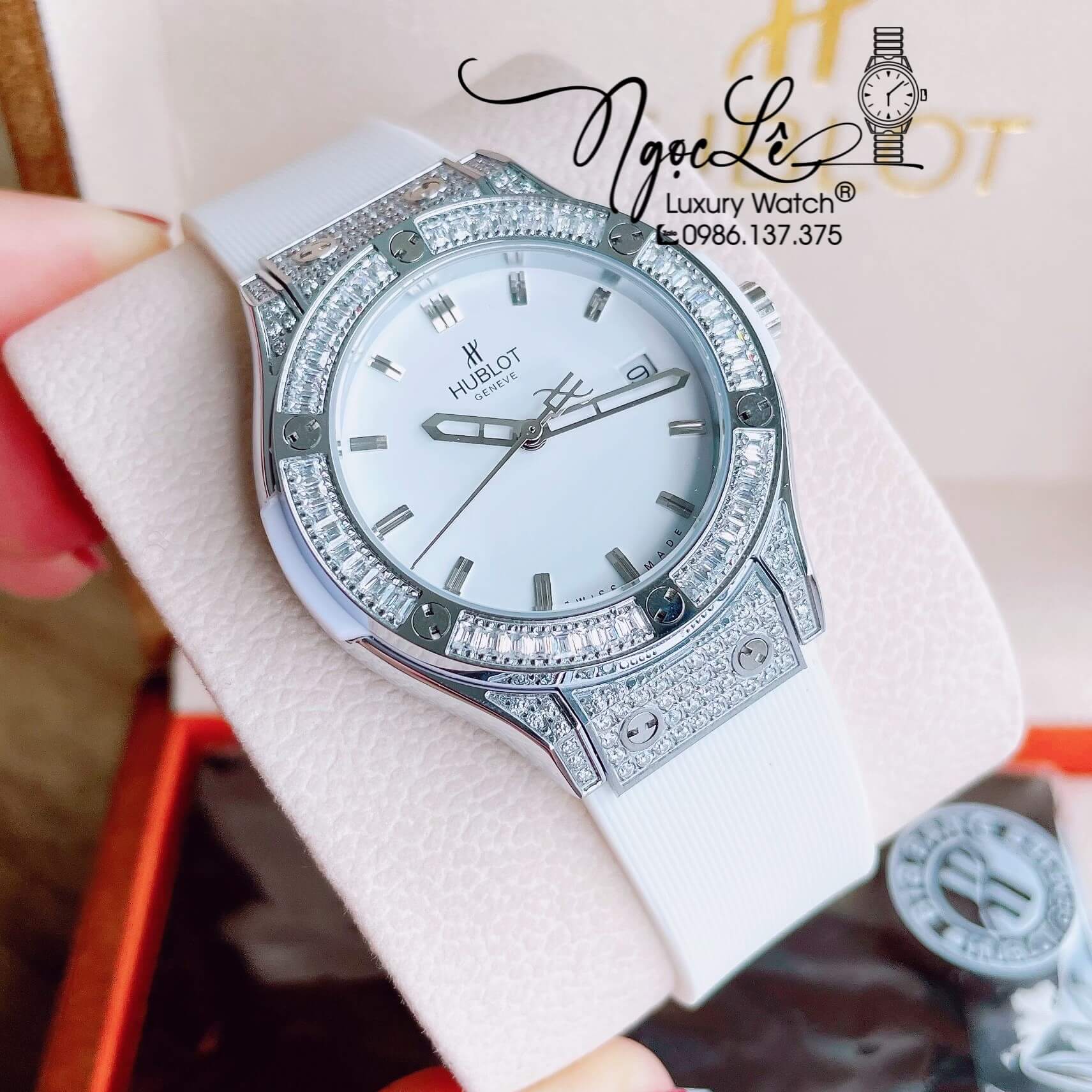 Đồng Hồ Nữ Hublot Classic Fusion 34mm Máy Pin Dây Silicon Trắng Đính Đá Ống Vỏ Silver