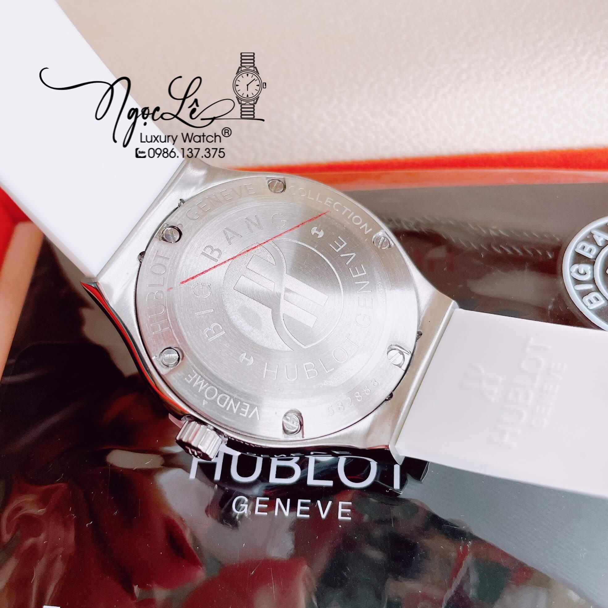 Đồng Hồ Nữ Hublot Classic Fusion 34mm Máy Pin Dây Silicon Trắng Đính Đá Ống Vỏ Silver