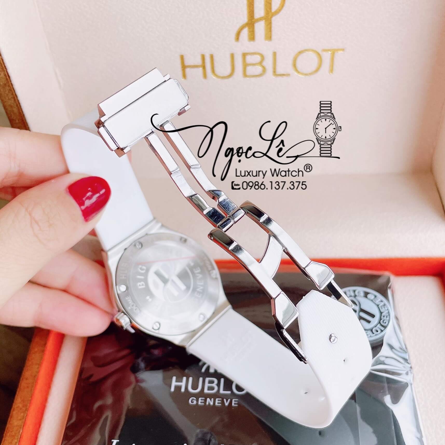 Đồng Hồ Nữ Hublot Classic Fusion 34mm Máy Pin Dây Silicon Trắng Đính Đá Ống Vỏ Silver