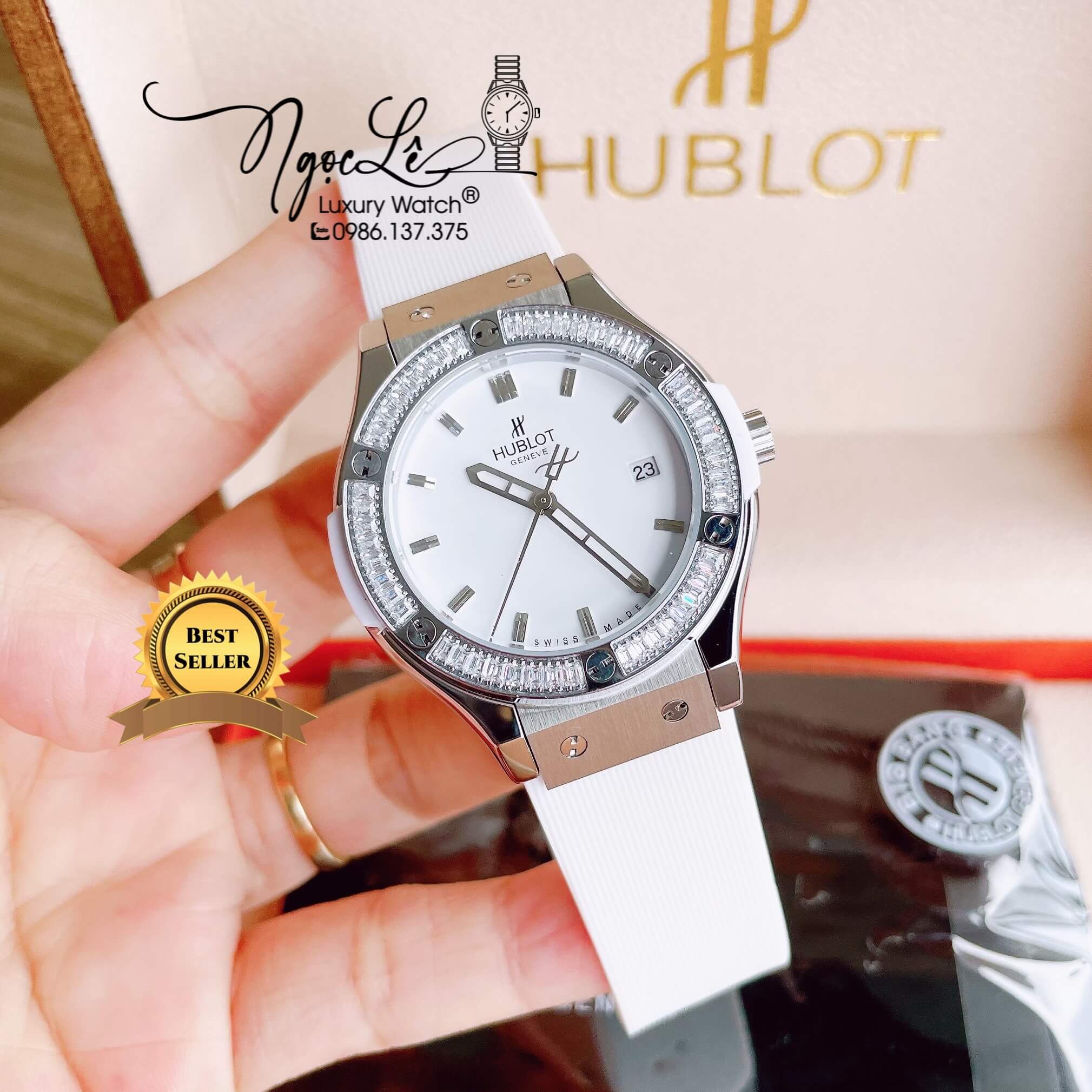 Đồng Hồ Nữ Hublot Classic Fusion 34mm Máy Pin Dây Silicon Trắng Đính Đá Ống Vỏ Silver