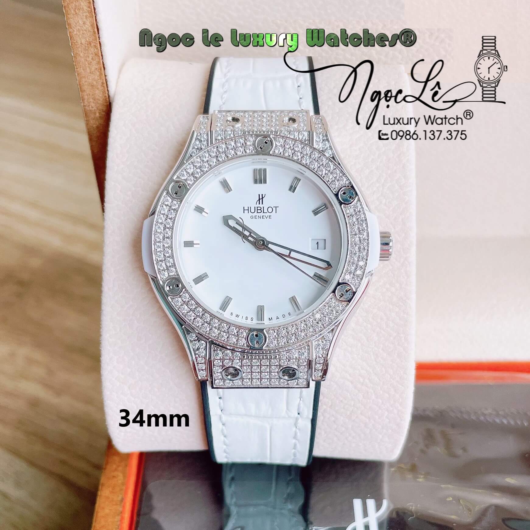 Đồng Hồ Nữ Hublot Classic Fusion 34mm Máy Pin Dây Da Silicon Trắng Đính Đá Vỏ Silver