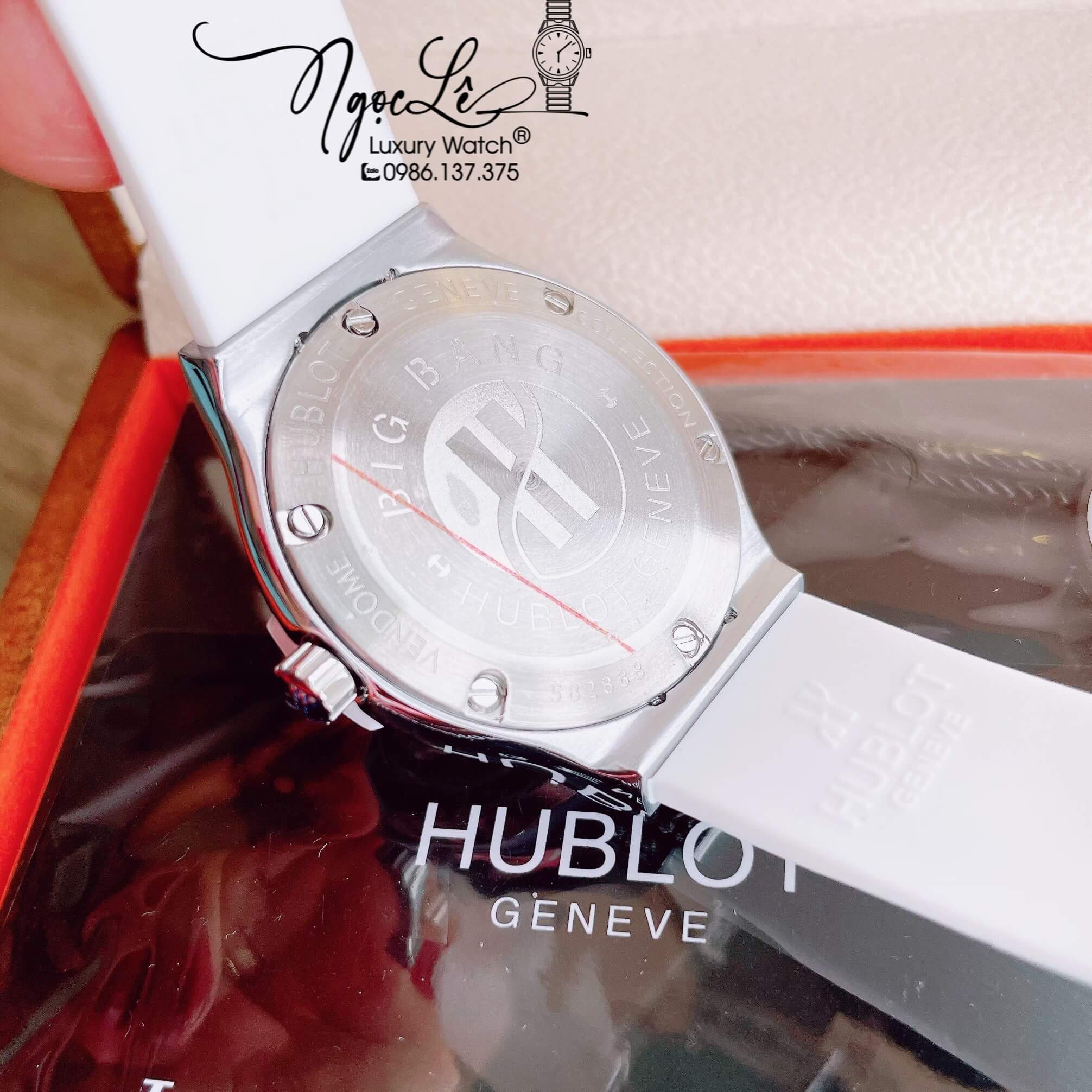 Đồng Hồ Nữ Hublot Classic Fusion 34mm Máy Pin Dây Silicon Trắng Đính Đá Vỏ Silver