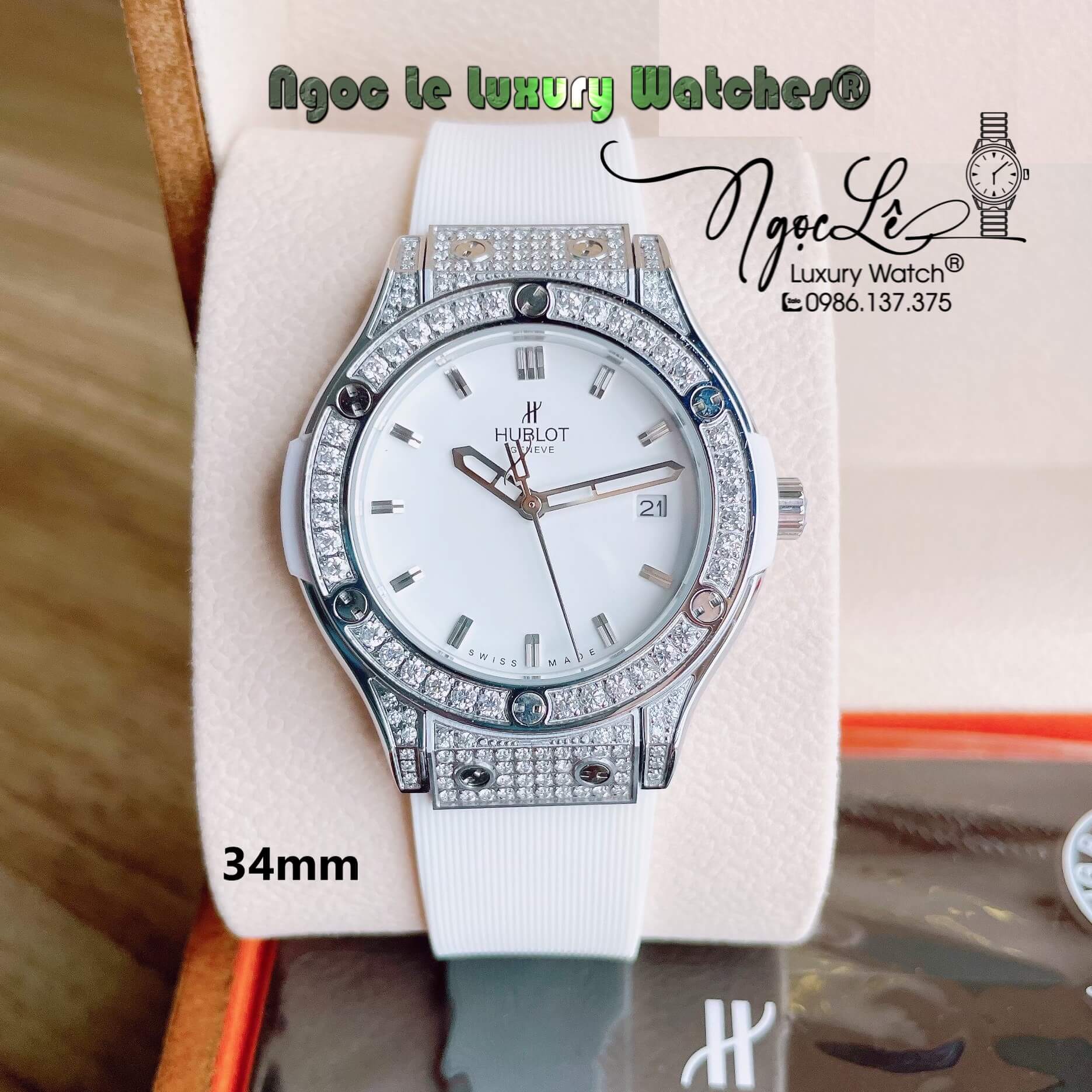Đồng Hồ Nữ Hublot Classic Fusion 34mm Máy Pin Dây Silicon Trắng Đính Đá Vỏ Silver