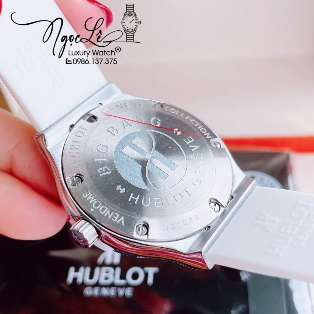 Đồng Hồ Nữ Hublot Classic Fusion 34mm Máy Pin Dây Silicon Trắng Đính Full Đá Vỏ Silver